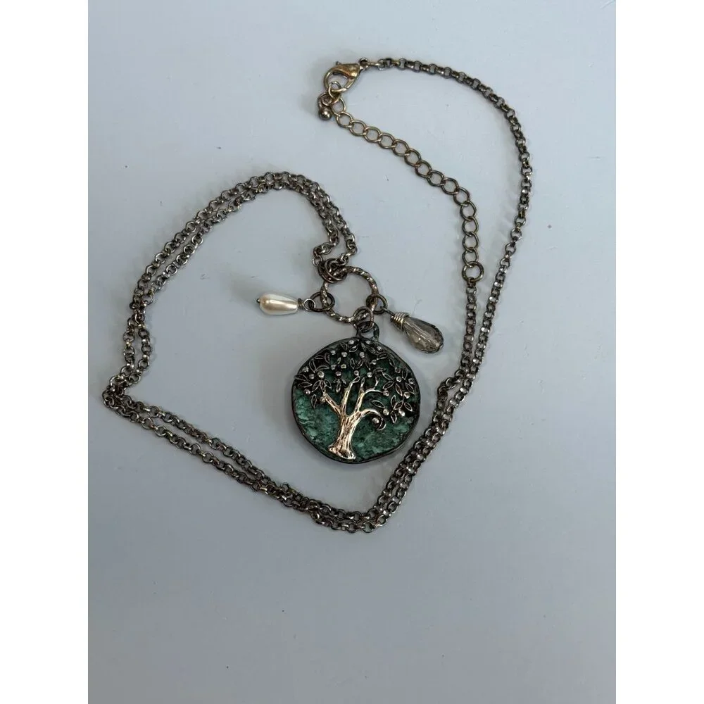 Tree Of Life Pendant Necklace on Blue Enamel Disc Pearl Crystal Charms Silver-To - Picture 6 of 6